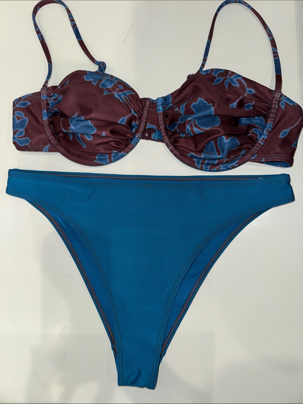 SOLID & STRIPED Burgundy Floral Underwire Top & Teal Bikini Bottom
